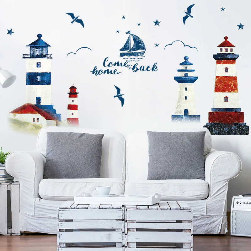 Segelboot & Leuchtturm Wandaufkleber – 190x118 cm, PVC, Abnehmbar, Wohnzimmer & Schlafzimmer