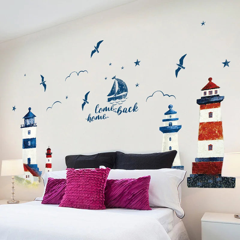 Segelboot & Leuchtturm Wandaufkleber – 190x118 cm, PVC, Abnehmbar, Wohnzimmer & Schlafzimmer