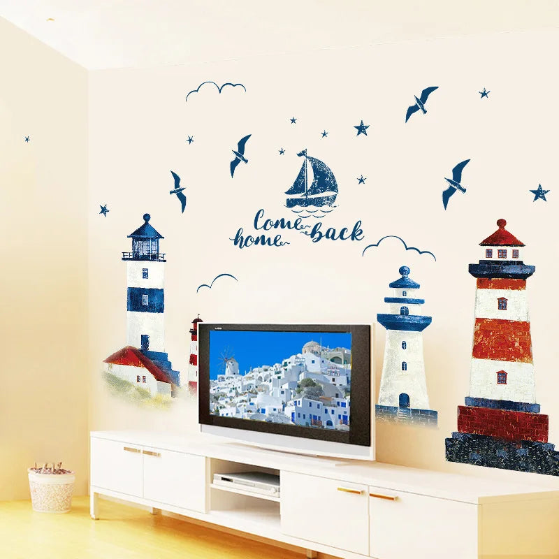 Segelboot & Leuchtturm Wandaufkleber – 190x118 cm, PVC, Abnehmbar, Wohnzimmer & Schlafzimmer