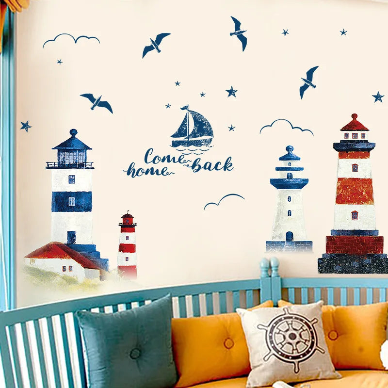 Segelboot & Leuchtturm Wandaufkleber – 190x118 cm, PVC, Abnehmbar, Wohnzimmer & Schlafzimmer