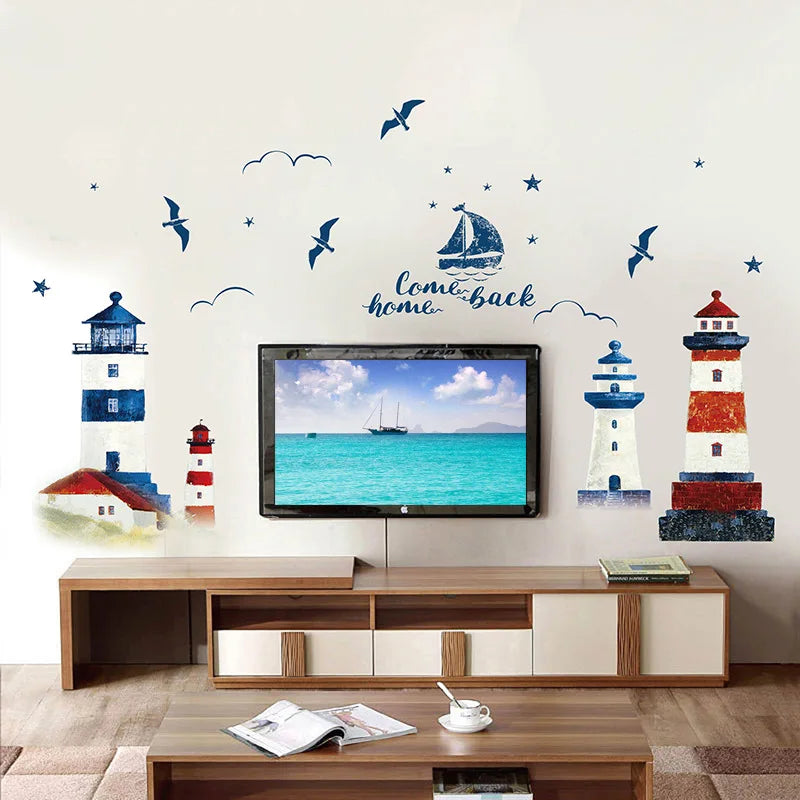 Segelboot & Leuchtturm Wandaufkleber – 190x118 cm, PVC, Abnehmbar, Wohnzimmer & Schlafzimmer