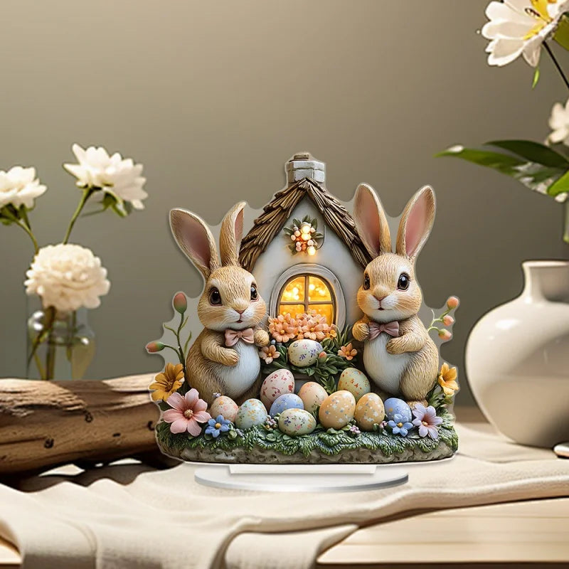 Osterhasen Acryl-Ornament – 2 Designs: Kaninchenhaus & Hasenei, Tischdeko Ostern & Frühling