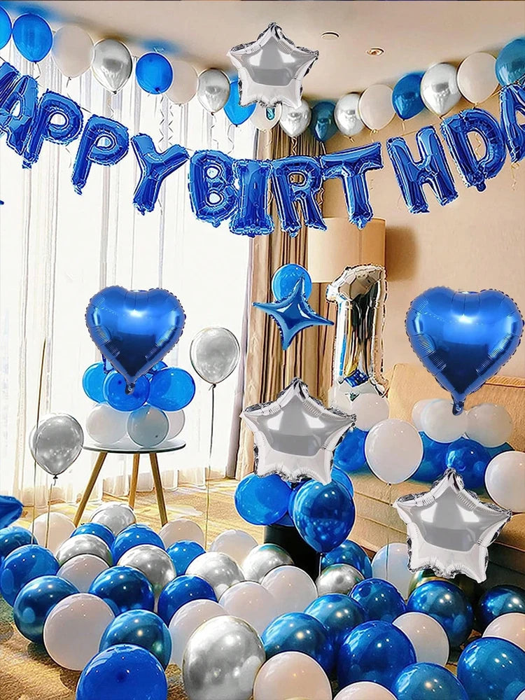 Blaues Geburtstag Deko Set – 52-teilig mit Happy Birthday Banner, Latex- & Folienballons