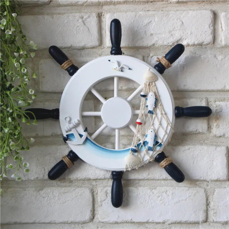 Holz-Schiffssteuerrad Wanddeko – Mediterran, 23x23 cm, mit Anker & Fischernetz, 4 Motive