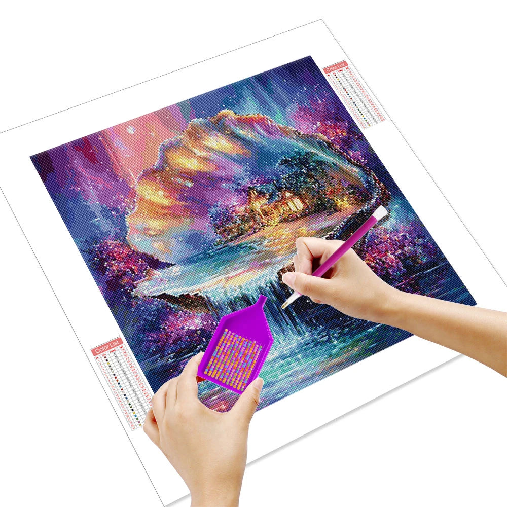 Diamond Painting Set Wasserfall & Haus – Landschaft, runde & eckige Diamanten, 20–50 cm