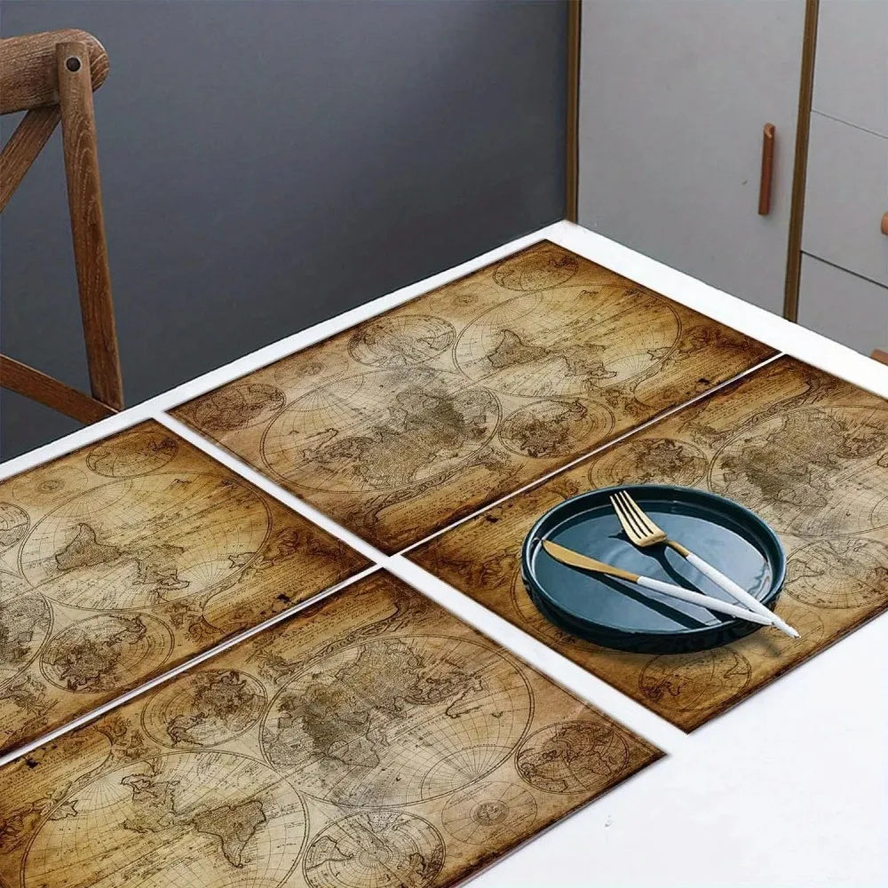 Tischset Nautik Weltkarte 4er-Set – Hitzebeständige Platzmatten im Vintage-Stil