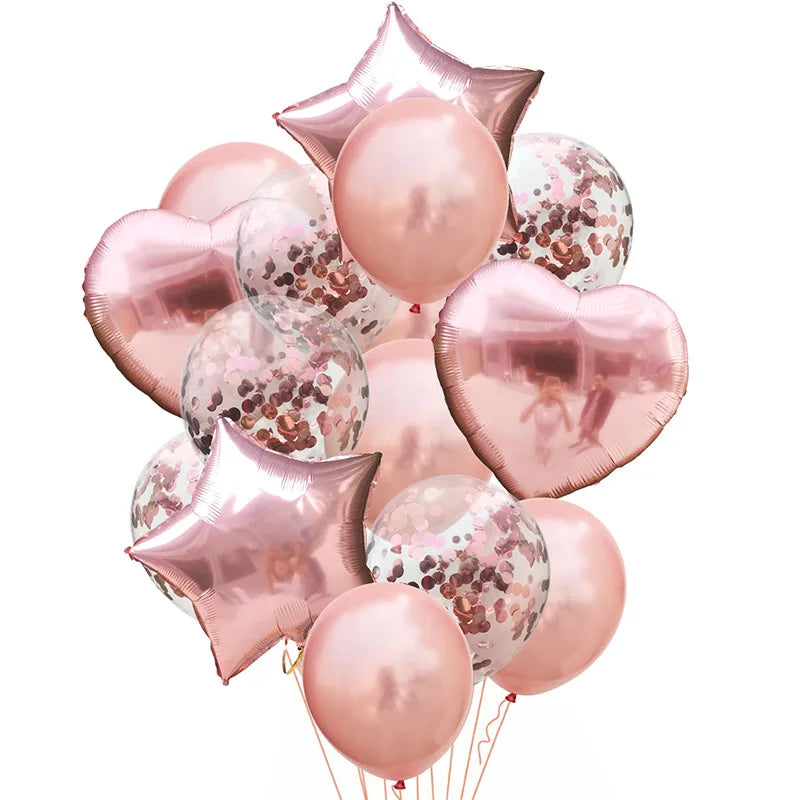 Luftballons 14er Set – Stern, Herz & Konfetti | Geburtstag, Hochzeit & Party | 8 Farben