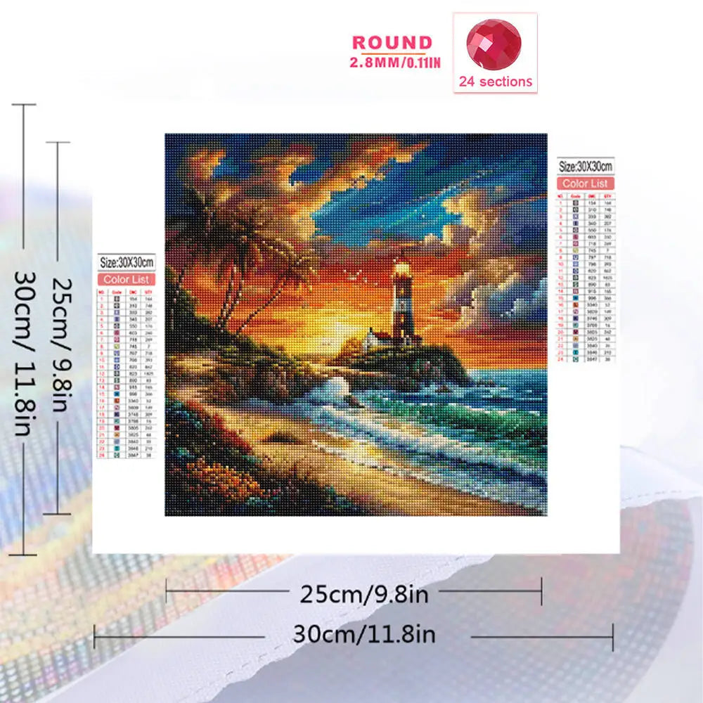 Diamond Painting Leuchtturm Sonnenuntergang – DIY Bastelset, Malen nach Zahlen mit Diamanten