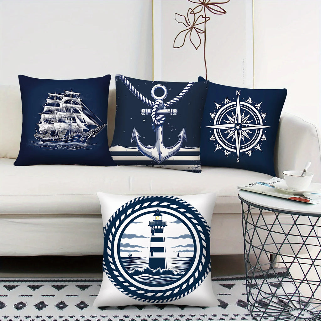 Kissenbezug 4er Set Maritim – Anker, Leuchtturm & Segelboot | 6 Größen | Polyester