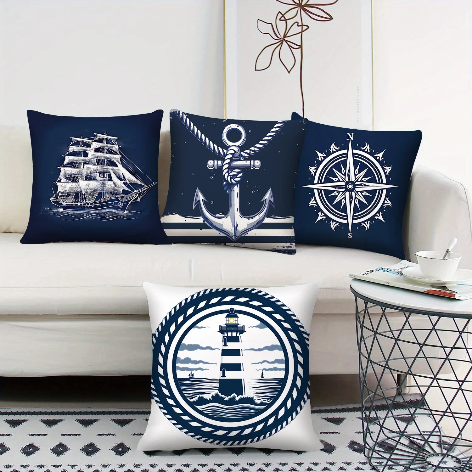 Kissenbezug 4er Set Maritim – Anker, Leuchtturm & Segelboot | 6 Größen | Polyester