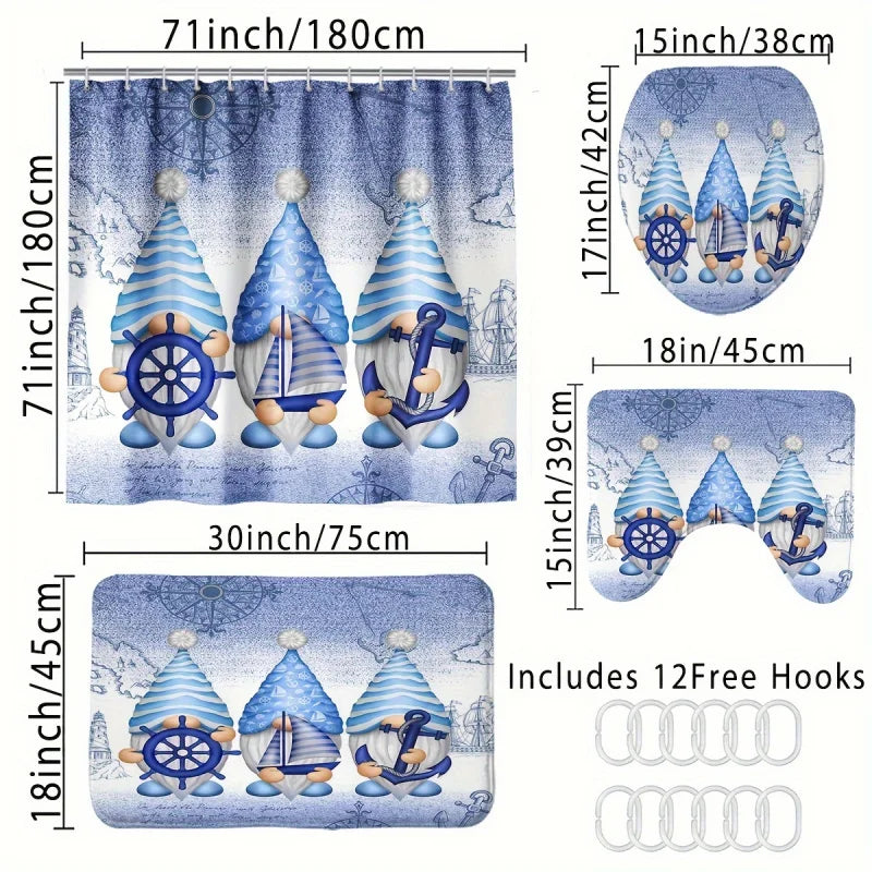 Maritimes Badezimmer-Set 4-teilig – Duschvorhang, Badematte, WC-Deckelbezug und Vorleger