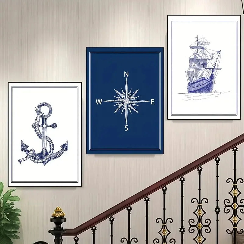 Nautisches Canvas-Poster-Set 3-teilig – Leuchtturm, Anker & Kompass Wanddeko