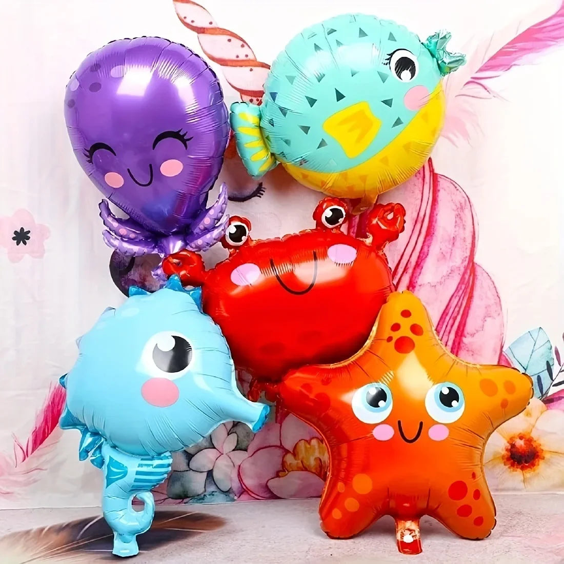 Meerestier-Folienballons 5er-Set – Fisch, Oktopus und Seepferdchen