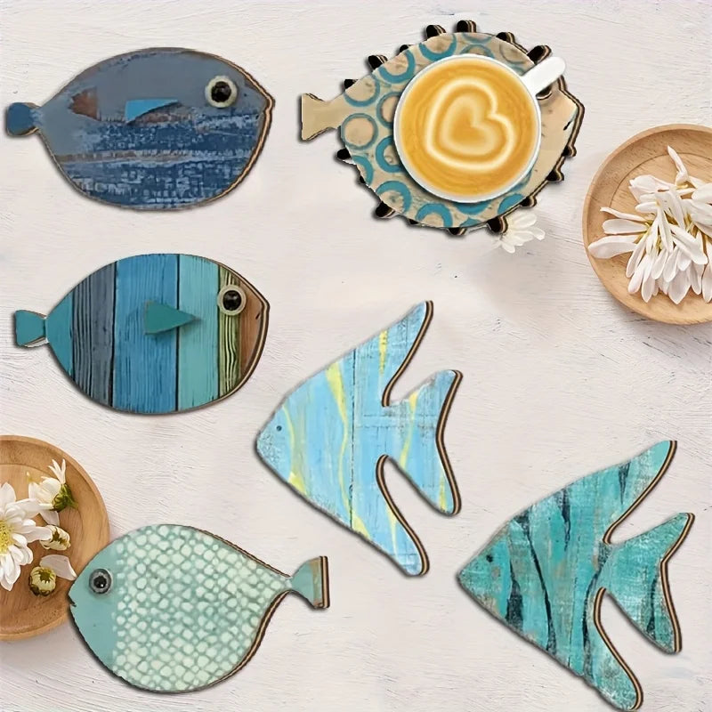 Holzuntersetzer Fisch 6er Set – Maritimer Strandstil, rutschfest & hitzebeständig
