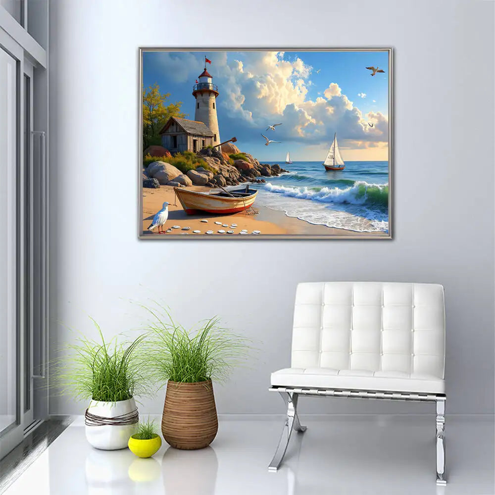 5D Diamond Painting Leuchtturm & Küstenlandschaft – DIY Diamantbild Maritim