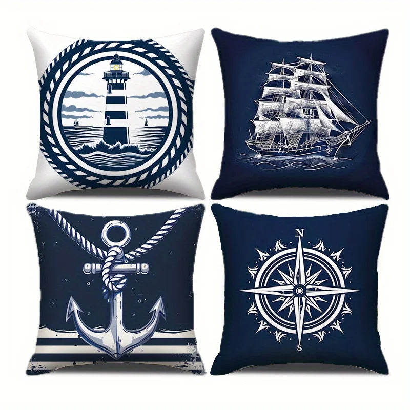 Kissenbezug 4er Set Maritim – Anker, Leuchtturm & Segelboot | 6 Größen | Polyester