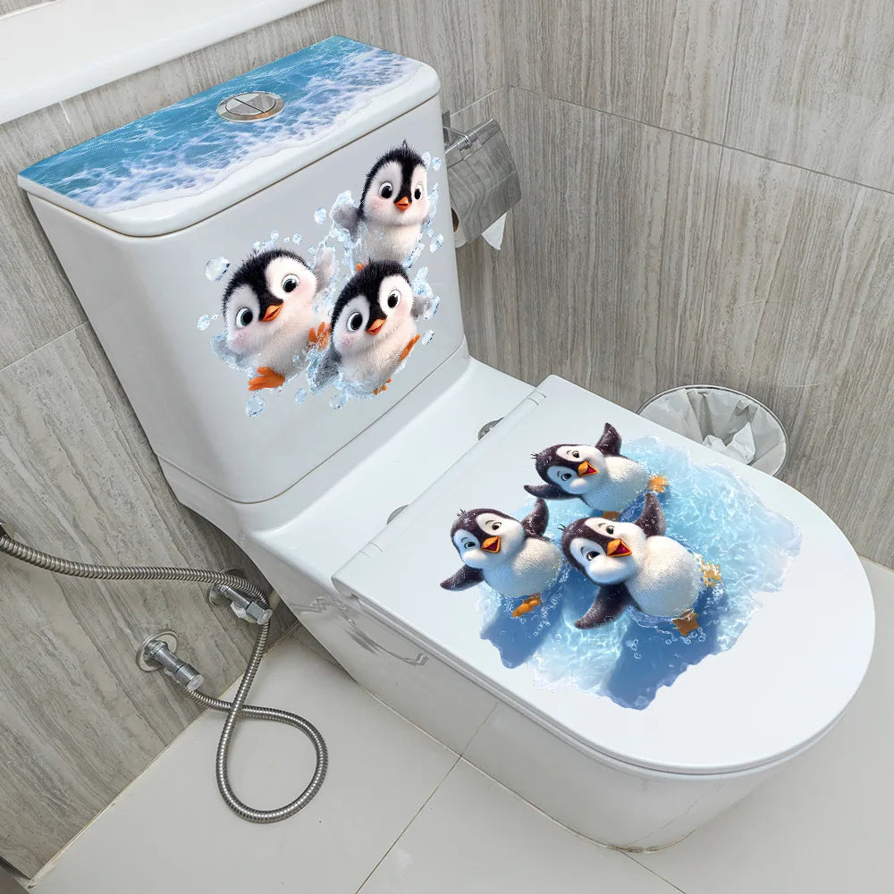 Cartoon-Pinguin WC-Aufkleber – Wasserfeste Badezimmer-Sticker im Ozeanwellen-Design