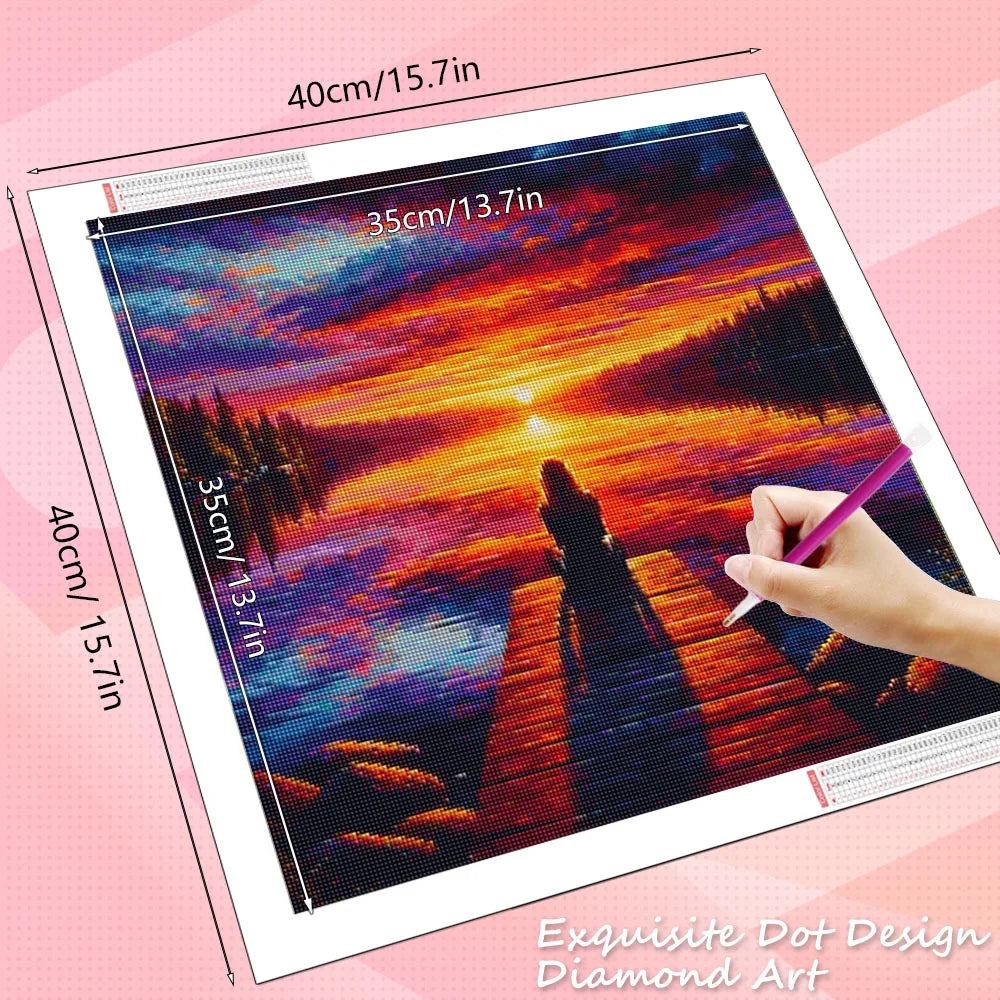 Diamond Painting Sonnenuntergang Landschaft – Huacan Diamant-Malerei Set mit Eckigen & Runden Steinen