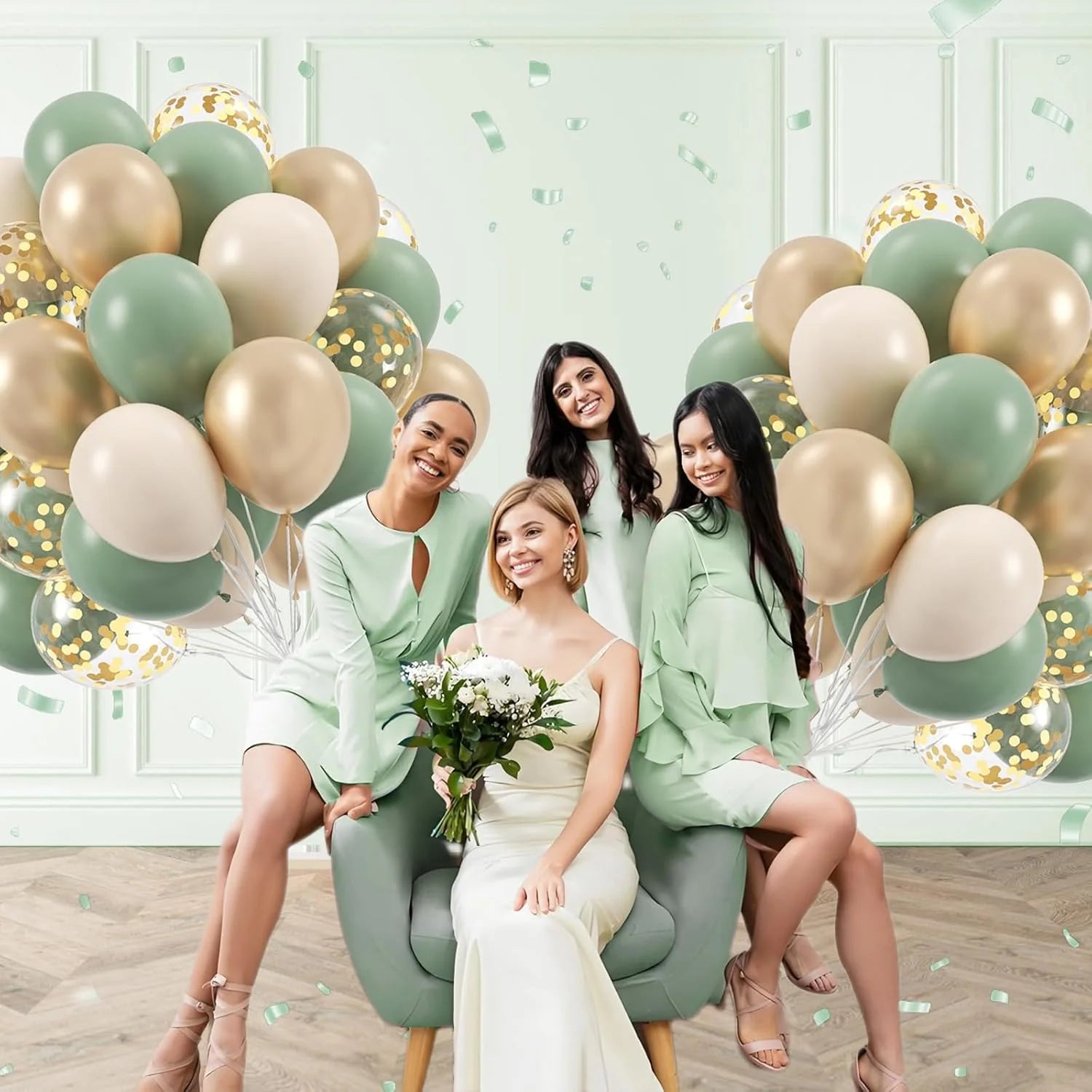 Boho Luftballon-Set 60-teilig – Salbeigrün, Sand, Weiß & Gold | Geburtstag, Hochzeit & mehr