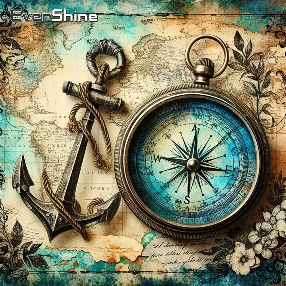 Diamond Painting Kompass – 5D Diamant Mosaikbild mit Rund- und Viereckbohrer
