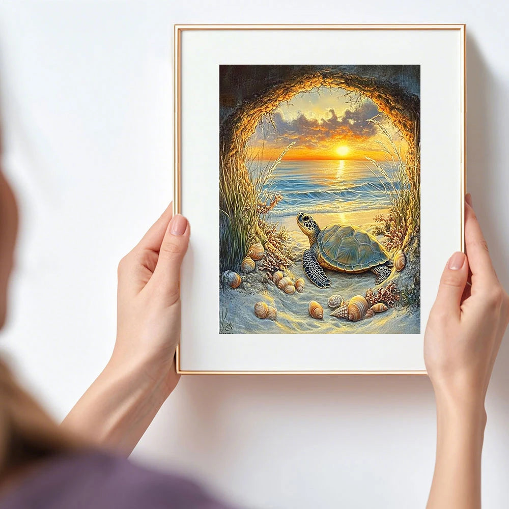 Diamond Painting Meeresschildkröte – 5D DIY Diamant-Stickerei Set mit Sonnenuntergang