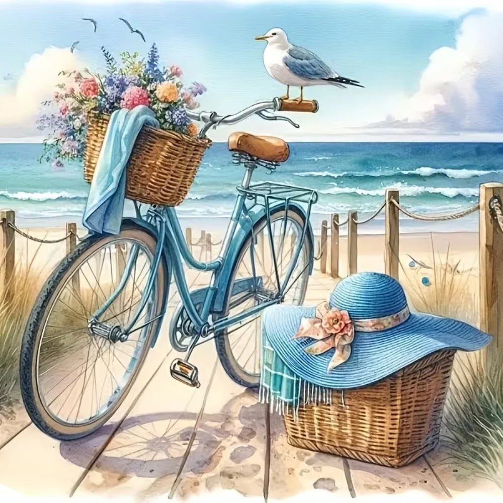 Diamond Painting Set – Küstenlandschaft mit Fahrrad & Hut
