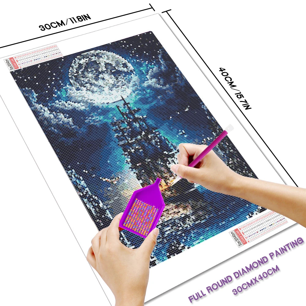 Diamond Painting Set – Landschaft & Mond im Japan-Stil mit vollem Diamant-Mosaik