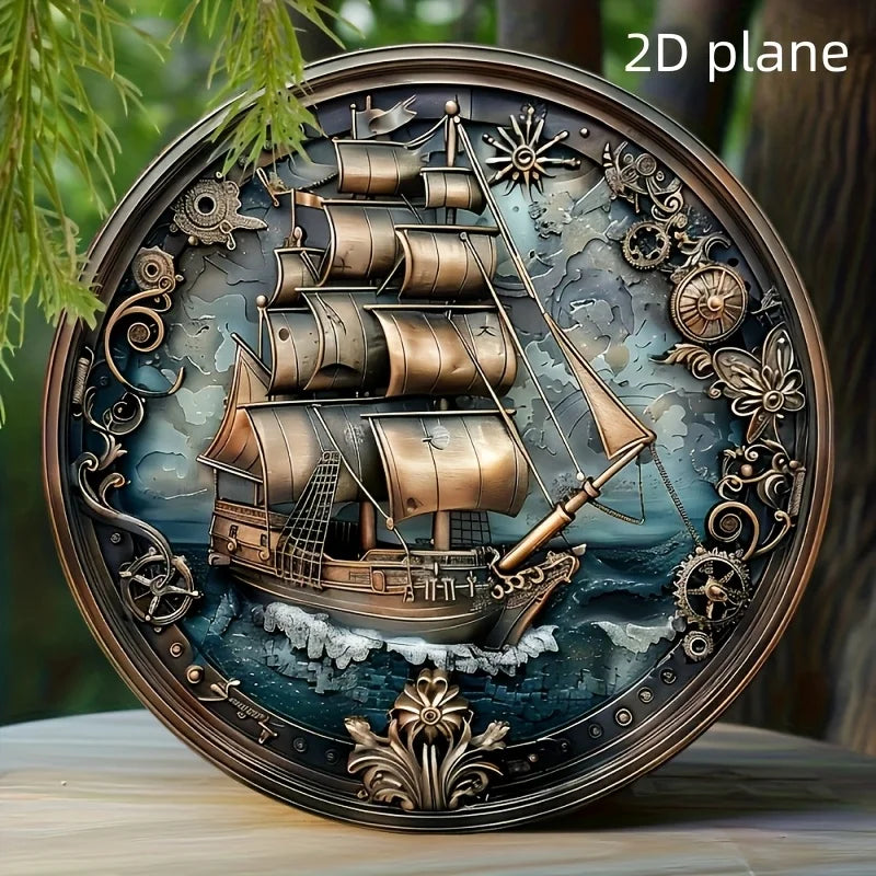 Rundes Holz-Wandbild – Vintage Segelboot | Maritime Wanddeko im Antik-Look