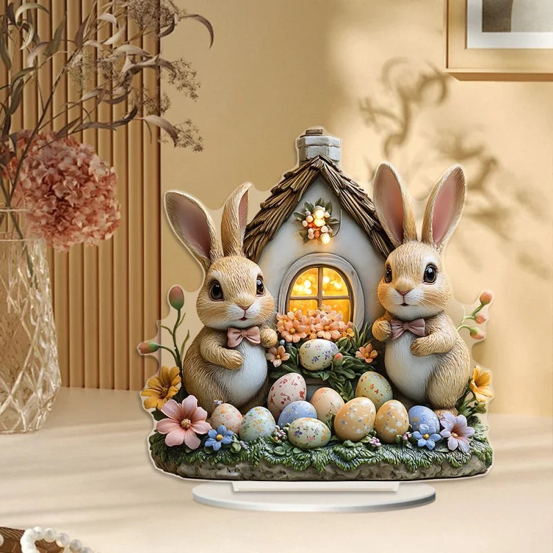 Osterhasen Acryl-Ornament – 2 Designs: Kaninchenhaus & Hasenei, Tischdeko Ostern & Frühling