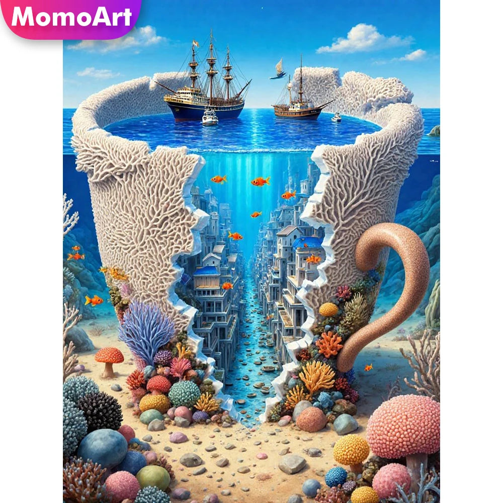 5D Diamond Painting Set – Landschaft & Boot Motiv, Eckige & Runde Steine, DIY Bastelset