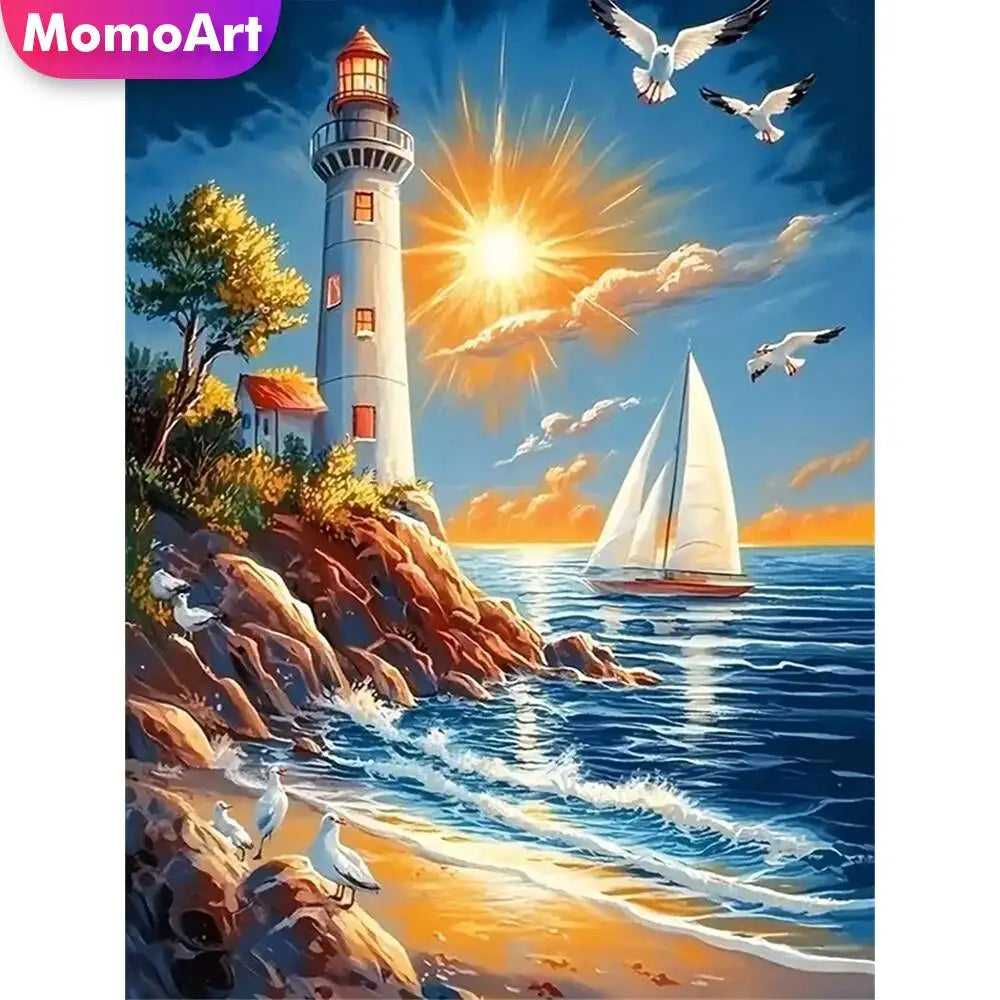 Diamond Painting Set – Leuchtturm & Küstenlandschaft | DIY Diamant-Malerei mit runden oder eckigen Steinen