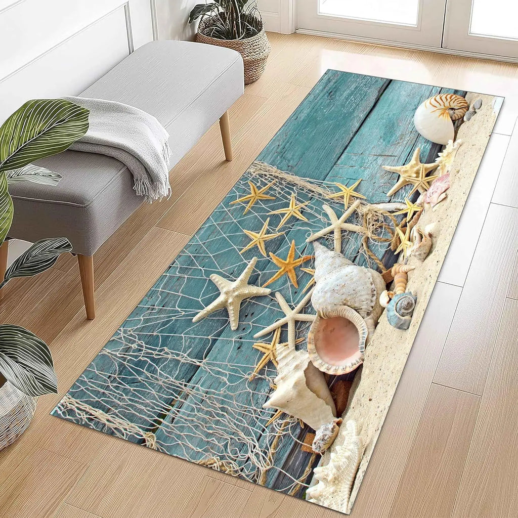 Teppich Meeresmotiv – Badvorleger & Kuchenmatte mit Muscheln und Segelboot, rutschfest