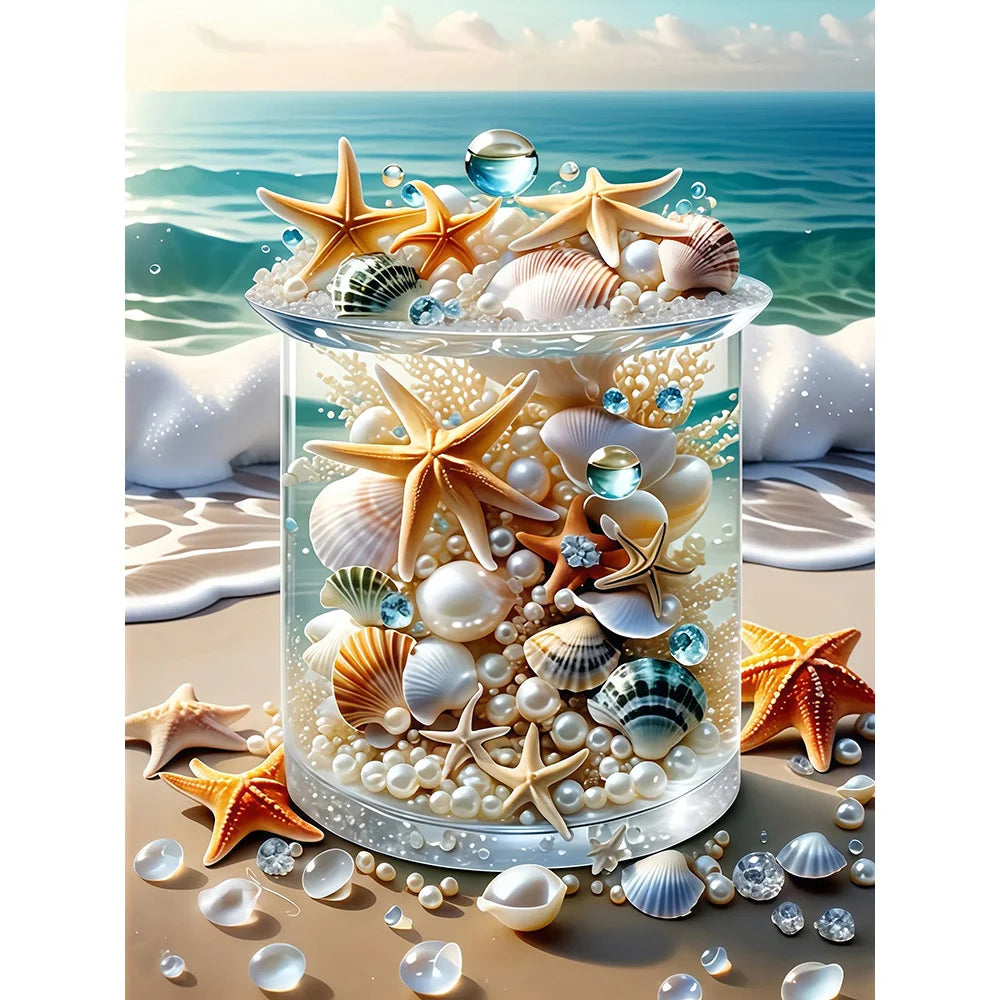 Diamond Painting Kit – Strand & Seestern | 5D DIY Diamant-Malerei mit runden oder eckigen Steinen