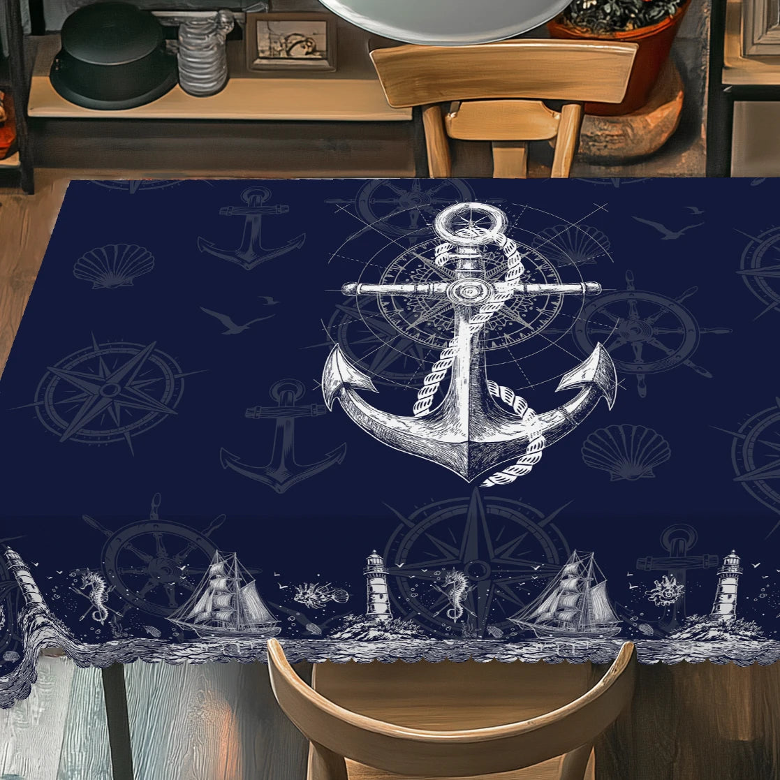 Maritime Tischdecke Marineblau – Anker, Leuchtturm & Kompass, wasserabweisend, 5 Größen