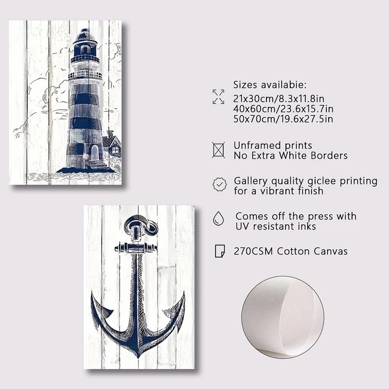 Nautisches Canvas-Poster-Set 3-teilig – Leuchtturm, Anker & Kompass Wanddeko
