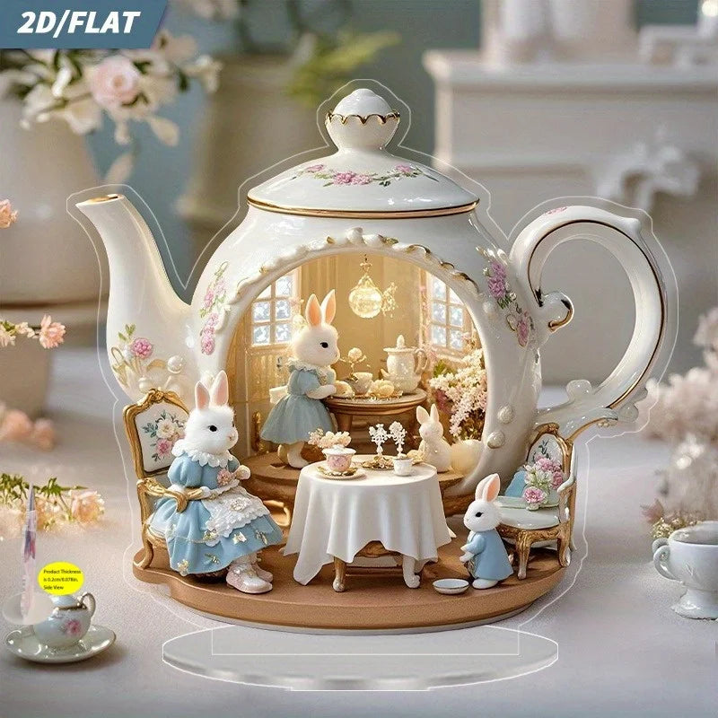 Kaninchenfamilie beim Nachmittagstee – 2D Acryl-Tischdeko, Ostern & Frühling, Zuhause & Büro