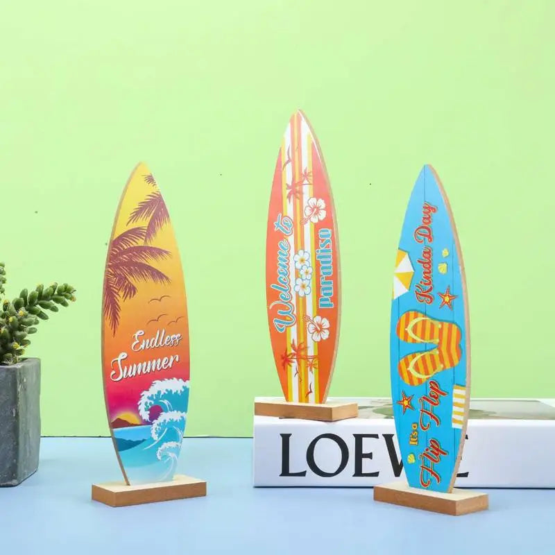 Holz-Surfbrett Tischdeko – 21x6 cm, 4 Motive: Sommer, Flip-Flop, Willkommen & Baum, Strand & Ozean