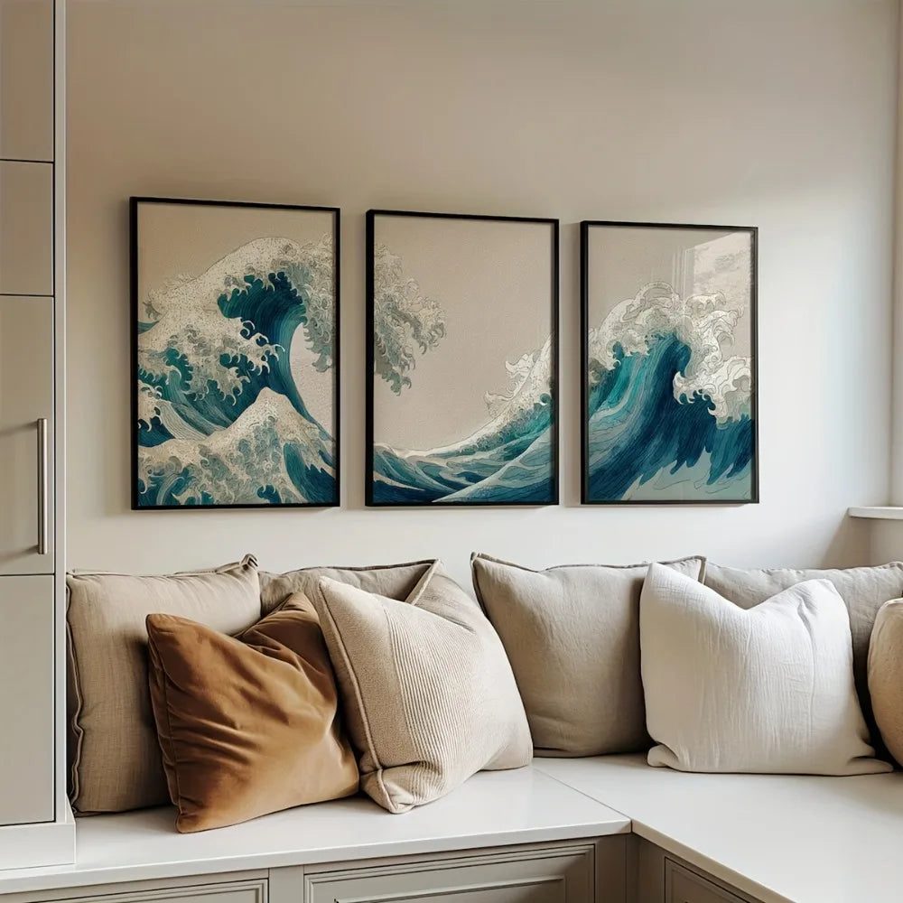 Dreiteiliges Leinwandbild – Japanische Welle, Abstrakte Meereslandschaft, Ohne Rahmen