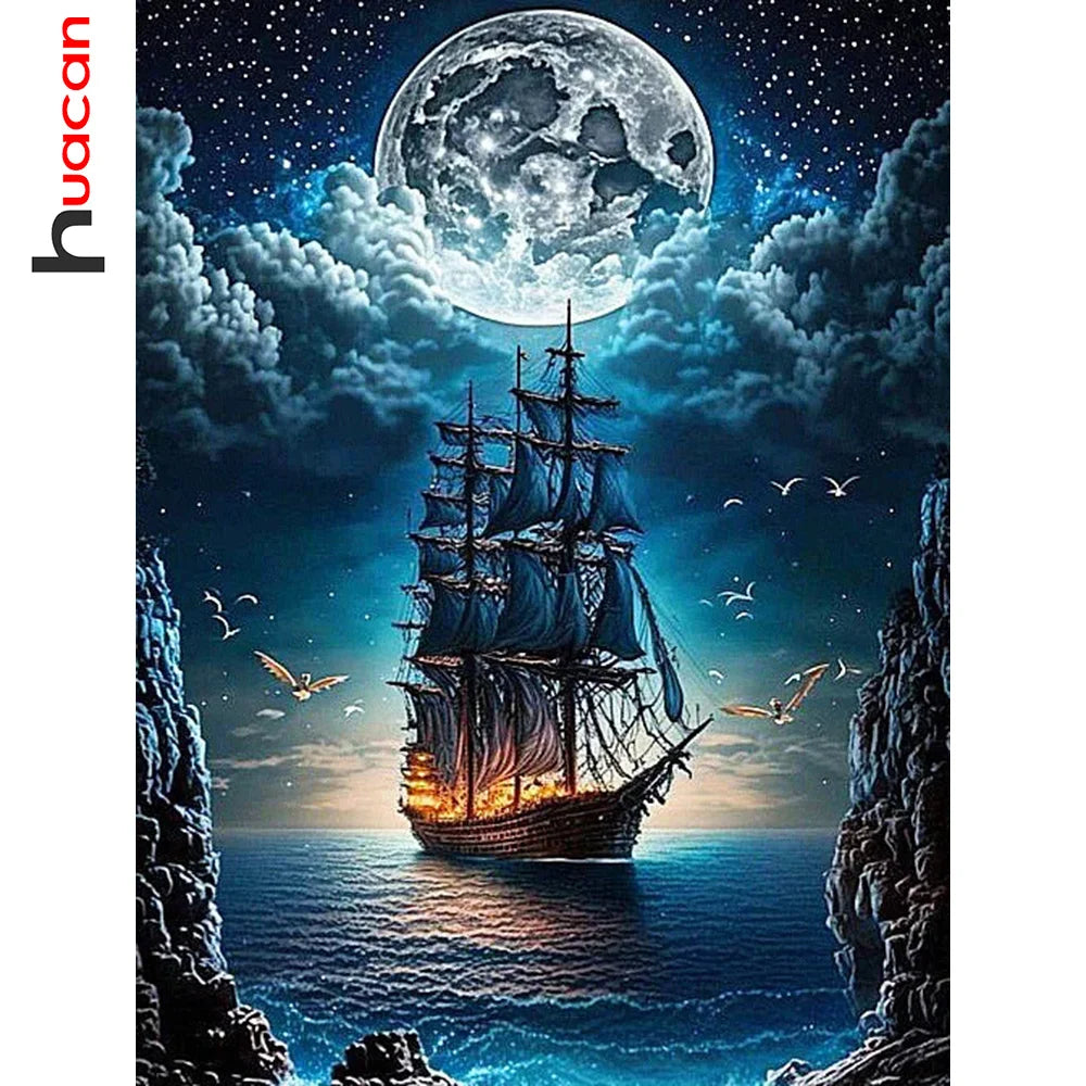 Diamond Painting Set – Landschaft & Mond im Japan-Stil mit vollem Diamant-Mosaik