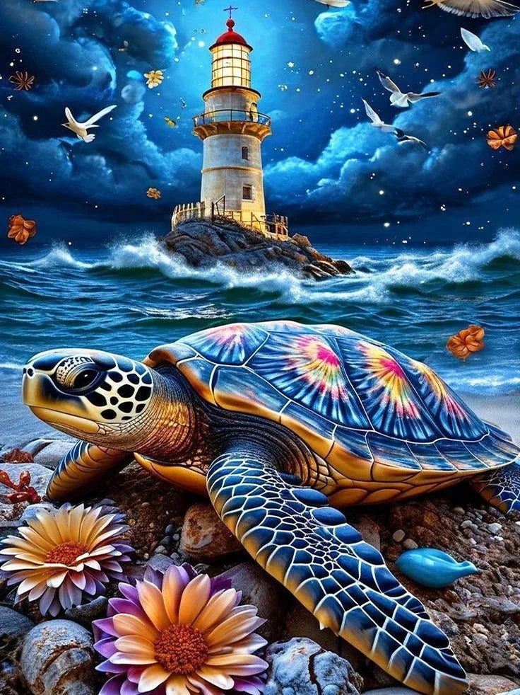 Diamond Painting Schildkröte und Leuchtturm – 5D Diamant Mosaikbild mit Rund- und Viereckbohrer