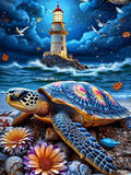 Diamond Painting Schildkröte und Leuchtturm – 5D Diamant Mosaikbild mit Rund- und Viereckbohrer