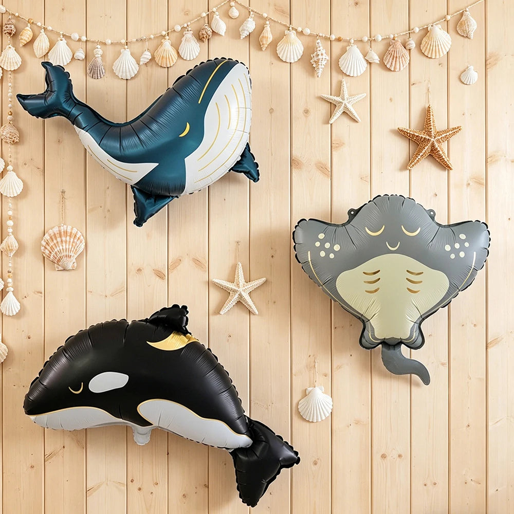 Meerestier-Folienballons 3er-Set – Orca, Blauwal und Teufelsrochen