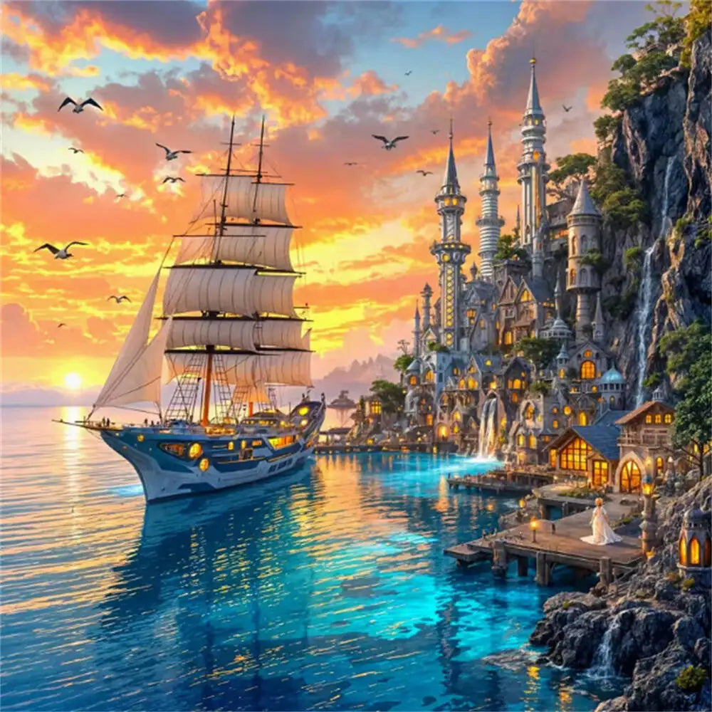 Diamond Painting Segelboot und Schloss – 5D DIY Diamantmalerei mit runden und eckigen Steinen