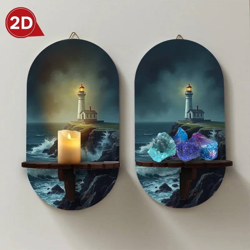 Leuchtturm Kristallstein Wandregal – Maritimes Wandbild mit Ablagefläche