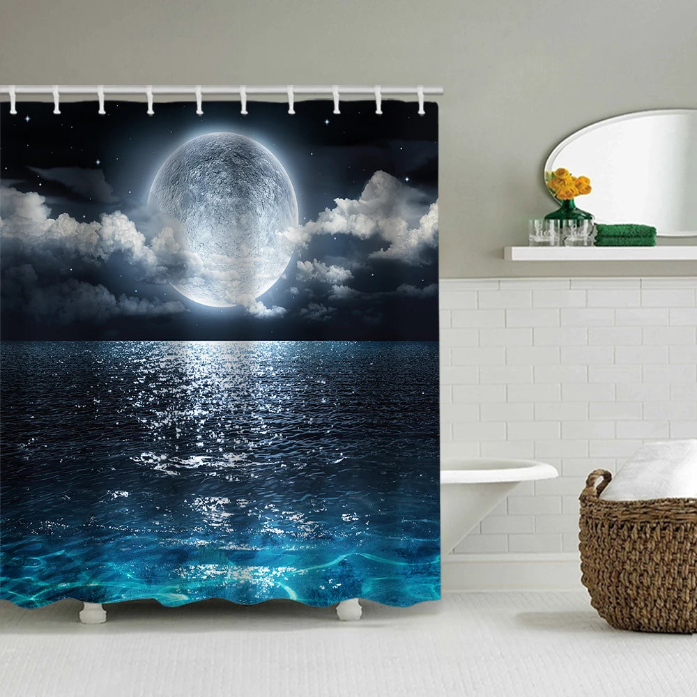 Duschvorhang-Set Meereslandschaft – Badezimmer Deko mit Teppich & WC-Deckelbezug