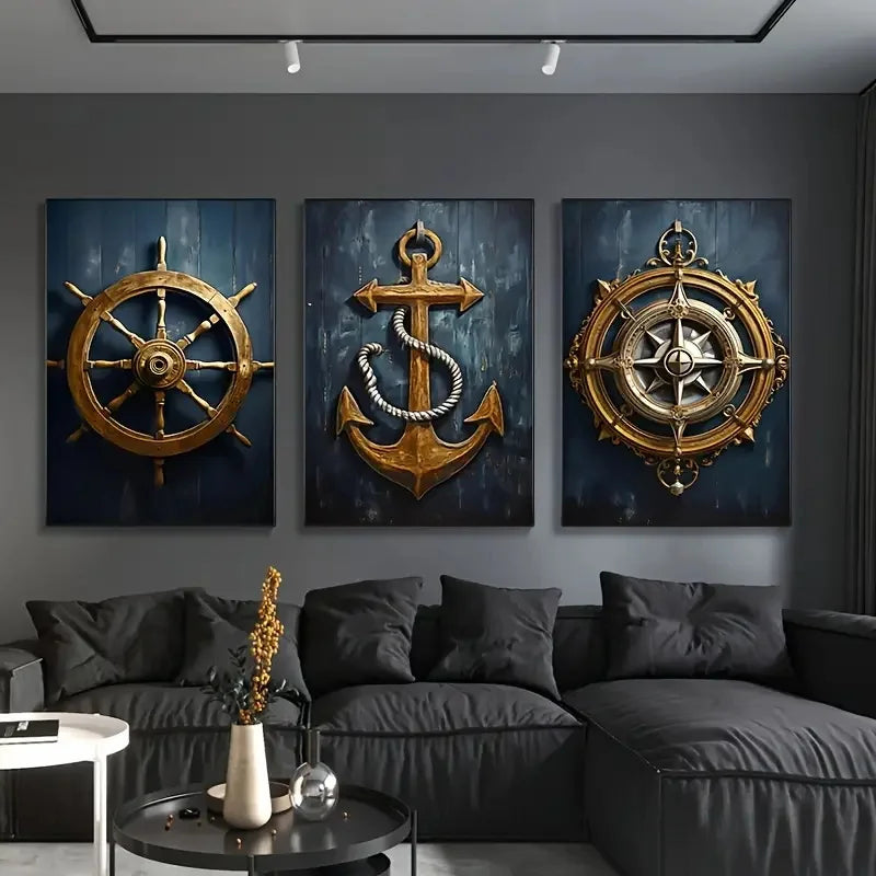 Nautisches Canvas-Poster-Set 3-teilig – Leuchtturm, Anker & Kompass Wanddeko