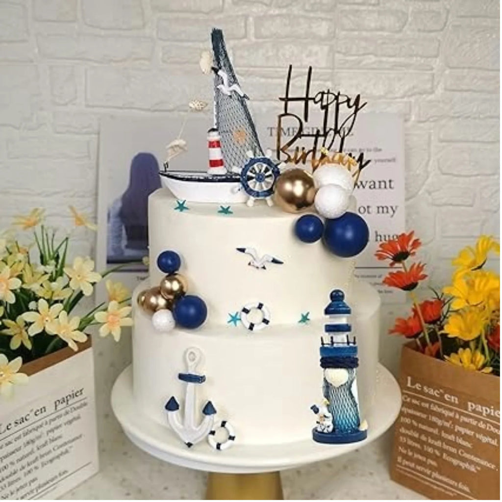 Maritime Kuchentopper 24-teilig – Blau-Weiß, Anker, Schiff, Leuchtturm, Geburtstag