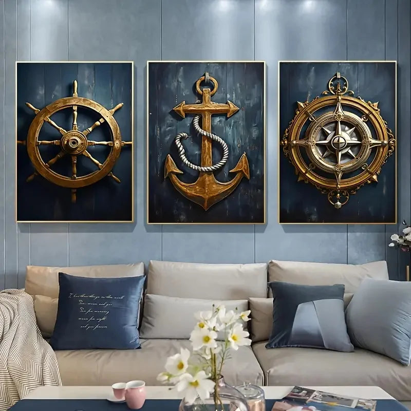 Nautisches Canvas-Poster-Set 3-teilig – Leuchtturm, Anker & Kompass Wanddeko