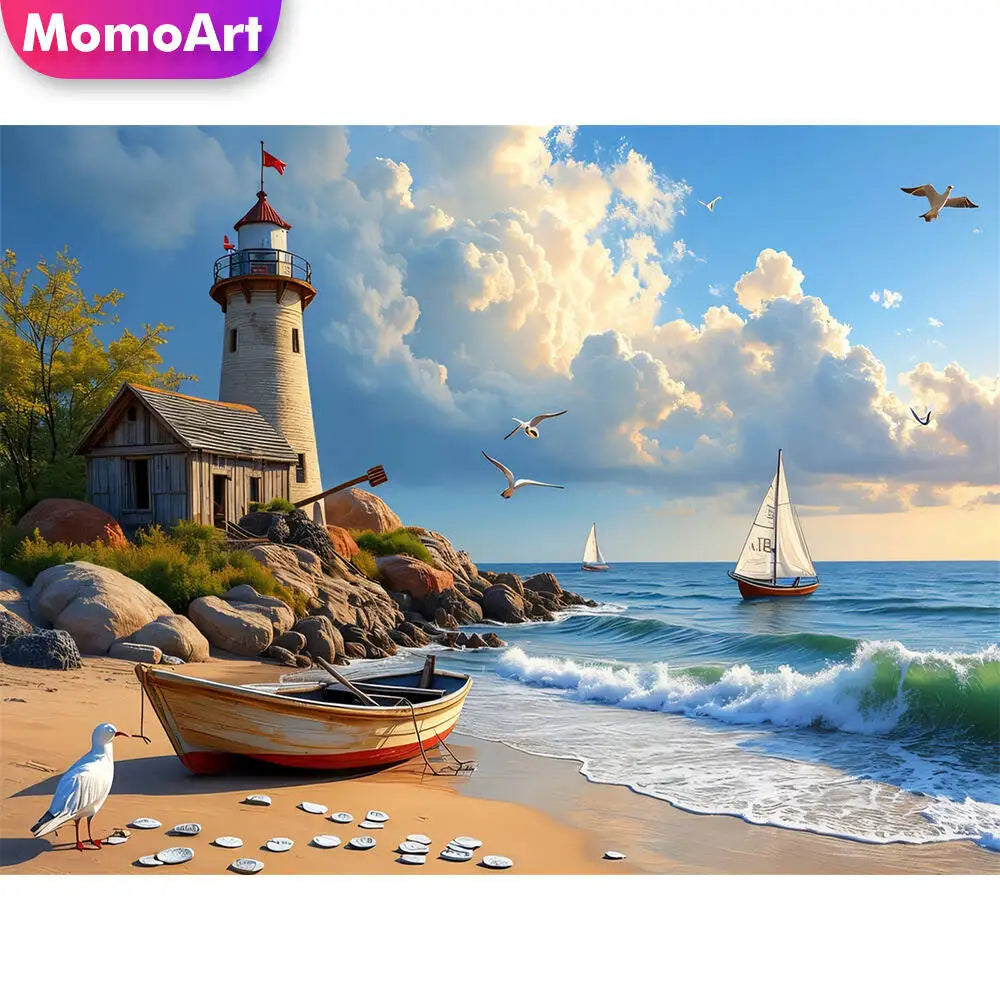 5D Diamond Painting Leuchtturm & Küstenlandschaft – DIY Diamantbild Maritim