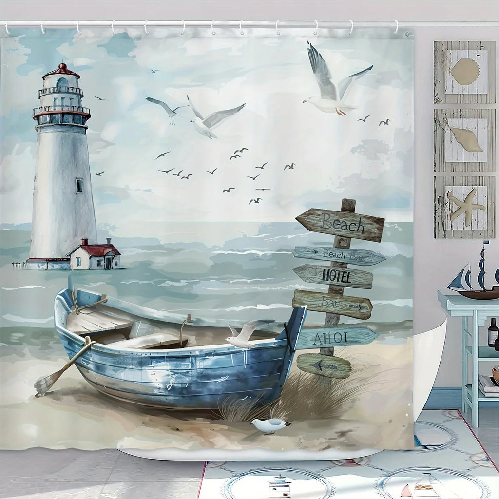 Maritimer Duschvorhang – Leuchtturm & Fischerboot, Blau-Türkis, mit Haken